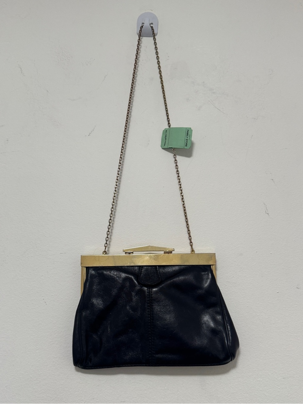 Letrice Vintage Black Leather Frame Clutch Shoulder Bag Gold Tone‎ Chain Purse